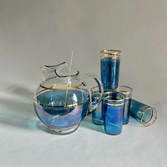 Vintage Iridescent Macbeth Evans Corning Upright Ball Pitcher & Glasses Set - Picture 7 of 14